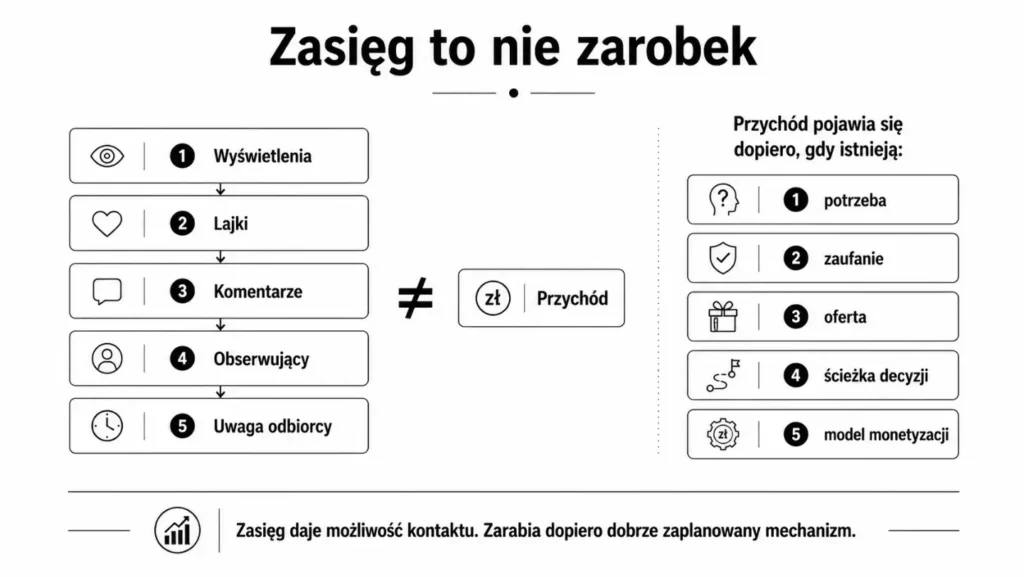 Infografika pokazująca, że zasięg, lajki, komentarze i obserwujący nie oznaczają jeszcze przychodu