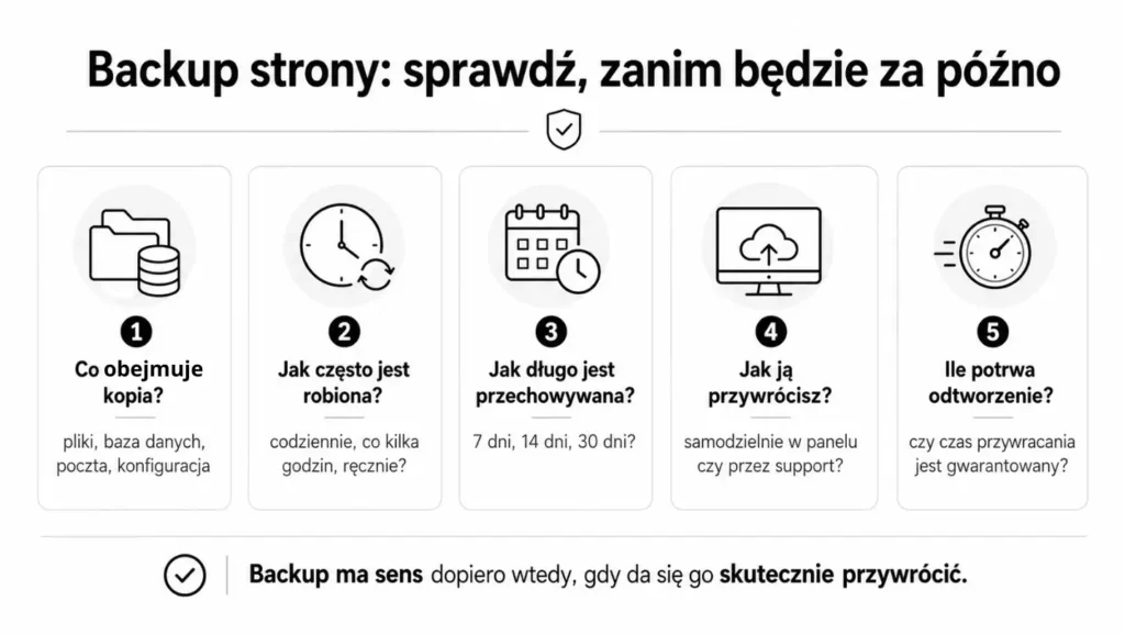 Infografika pokazująca pięć pytań, które warto zadać przed zaufaniem backupowi hostingu: zakres kopii, częstotliwość, retencja, sposób przywracania i czas odtworzenia